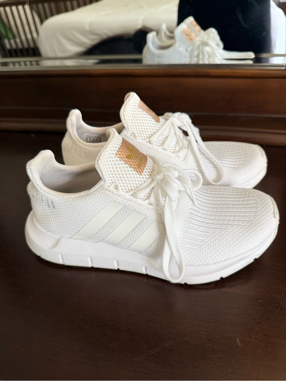 adidas White Knit Athletic Sneakers with Metallic Pink Logo